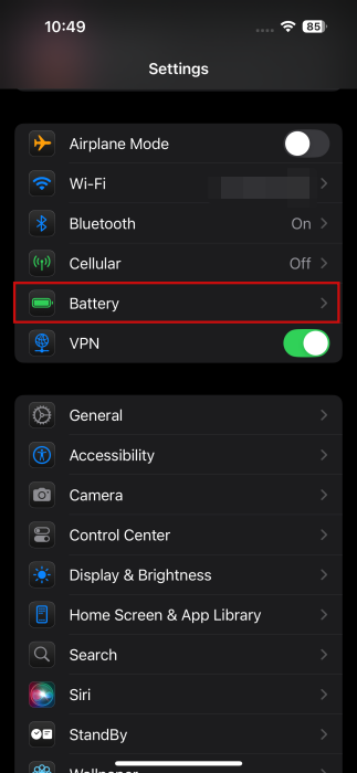 Tapping on "Battery" option in iPhone Settings.
