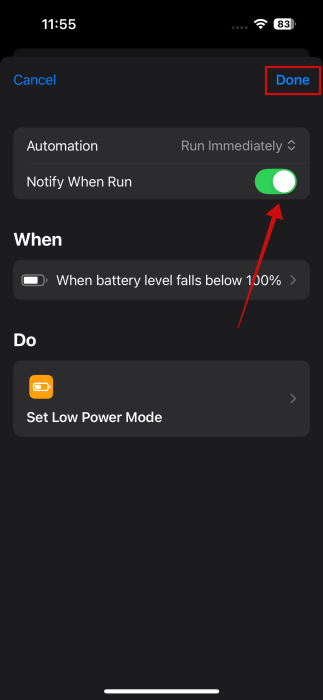 Pressing "Done" for new automation in Shortcuts app. 