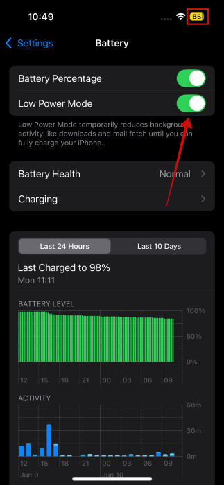 Turning on "Low Power Mode" toggle in iPhone Settings.