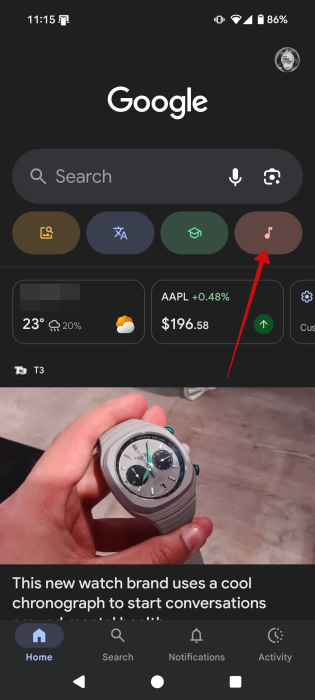 Pressing Song icon in Google app on Android to start identifying songs.