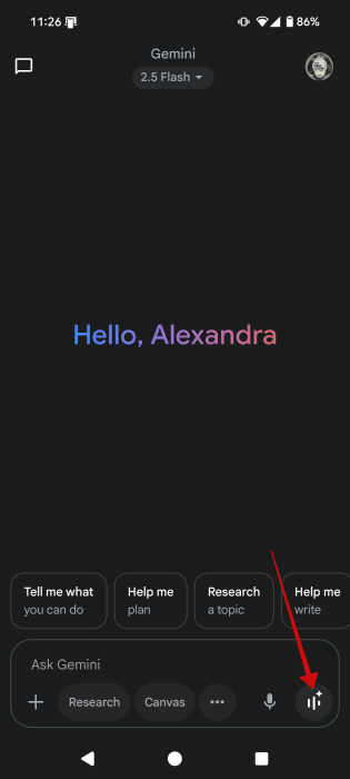 Pressing on Live button in Gemini app.