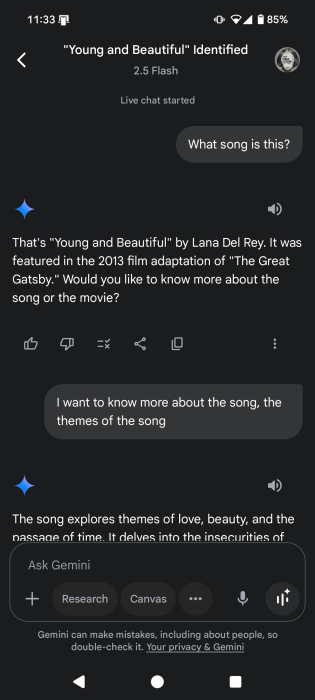 Viewing Gemini Live conversation transcript on Android.