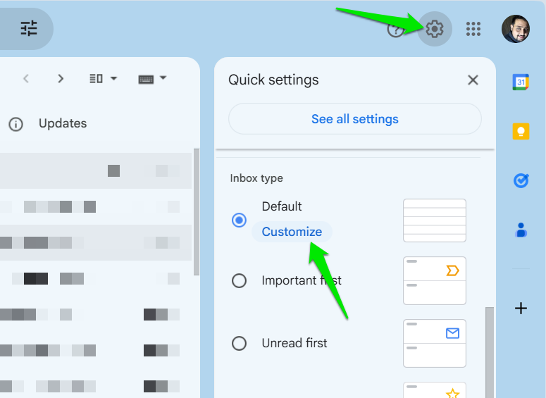 Gmail settings with inbox type section showing
