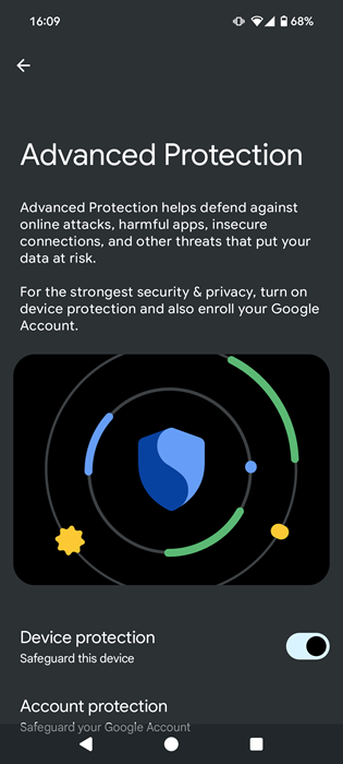 Turning on Android Advanced Device Protection on Android 16 device. 