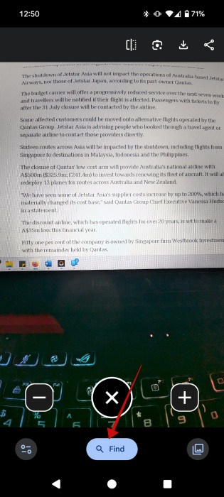 Pressing on Find button in Google Magnifier app. 