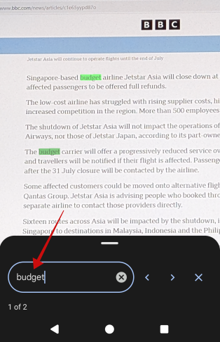 Searching in text in magnified image using Google Magnifier app. 