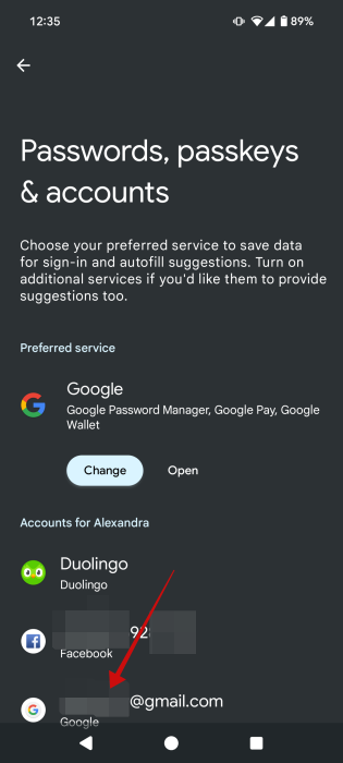 Tapping on Gmail account in "Passwords, passkeys & accounts" section on Android.