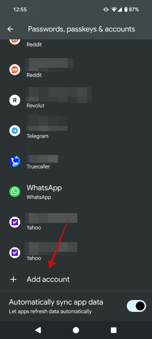 Pressing on "Add account" option in "Passwords, passkeys & accounts" on Android.