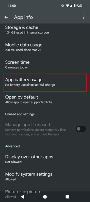 "App battery usage" for Google Play services on Android.