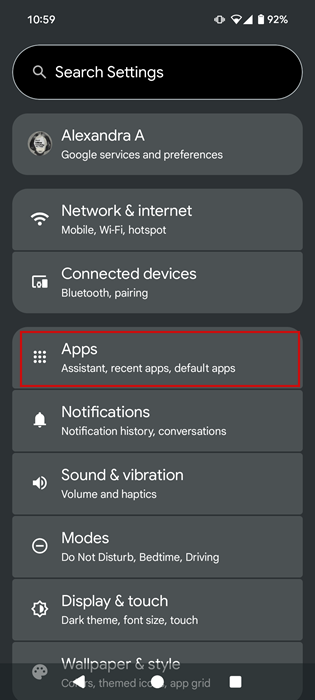 Tapping on "Apps" in Android settings.