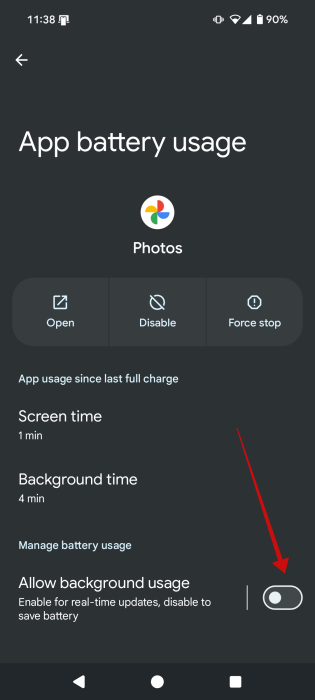 Turning off "Allow background usage" toggle for specific app on Android.