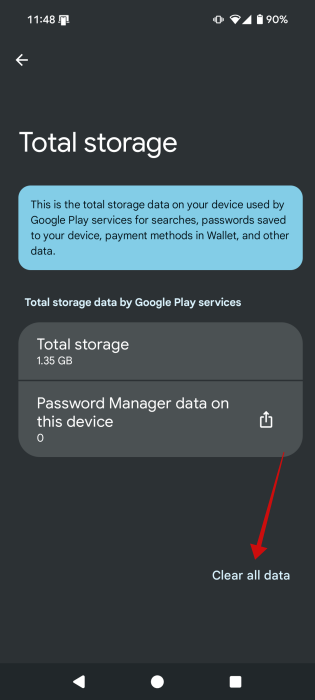 Tapping on "Clear all data" button for Google Play services on Android.