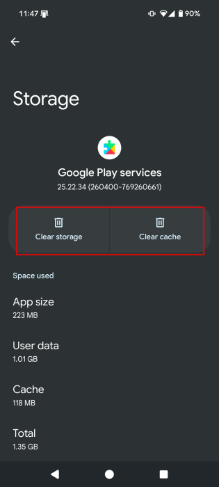 "Clear storage" and "Clear cache" options for Google Play service on Android.