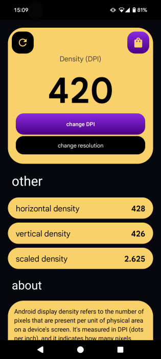 Viewing smartphone screen DPI with DPI Checker app.