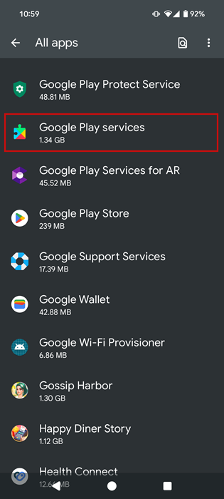 Selecting "Google Play services" option in Android settings.