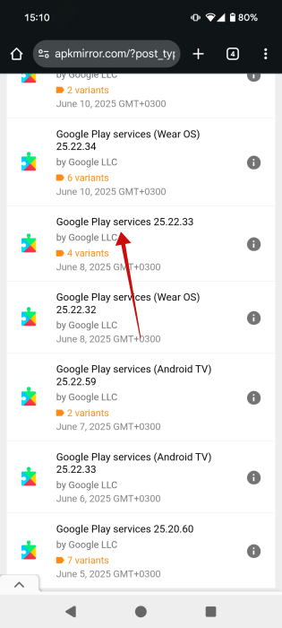 Selecting older version of Google Play Services from APK Mirror.