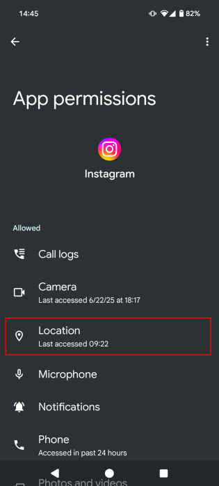 Accessing Location permissions for Instagram app on Android.