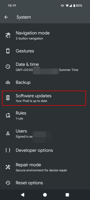 Tapping on "Software update" in Android Settings.