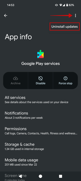 Pressing "Uninstall updates" for Google Play Services on Android.