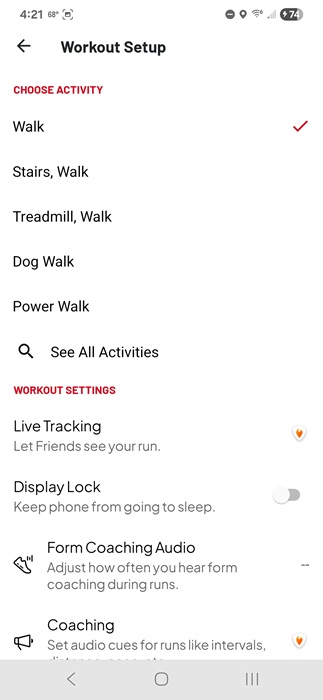 Choosing the type of walk to measure in Map My Walk.