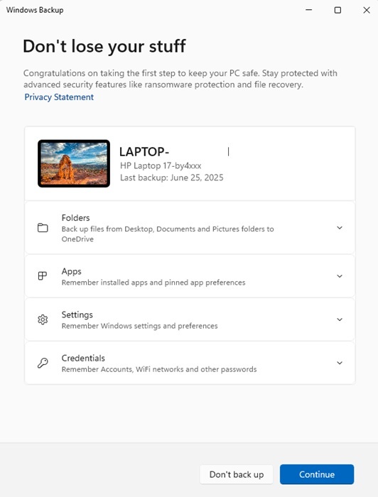 Setting up Windows Backup.