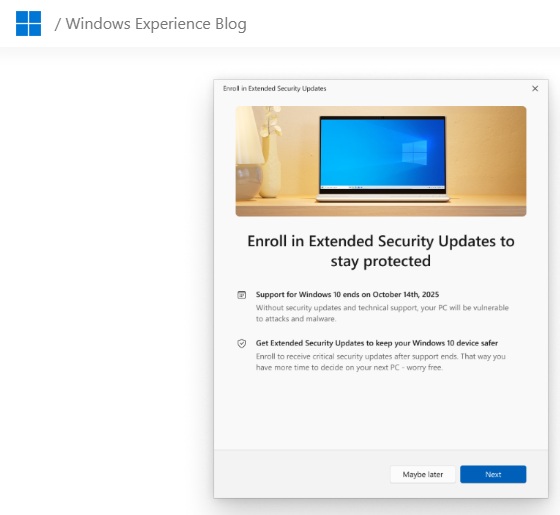 Extended security updates notification window.
