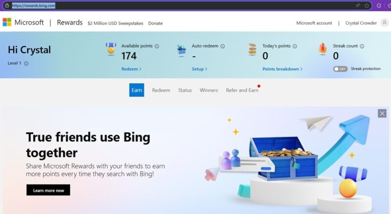 My Microsoft Rewards reward page.