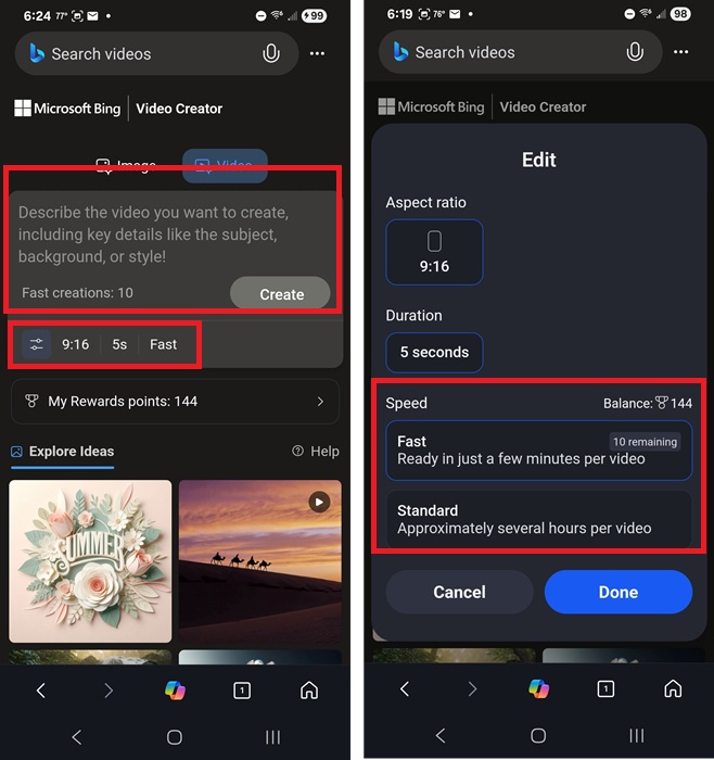 Creating an AI video and changing settings.