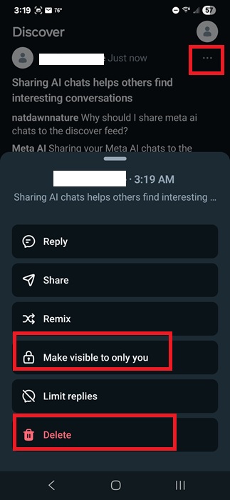 Deleting a post on Meta AI's Discover Feed.