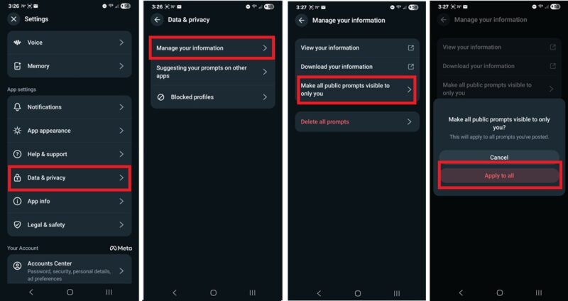 Changing Meta AI settings to make Meta AI chats private.