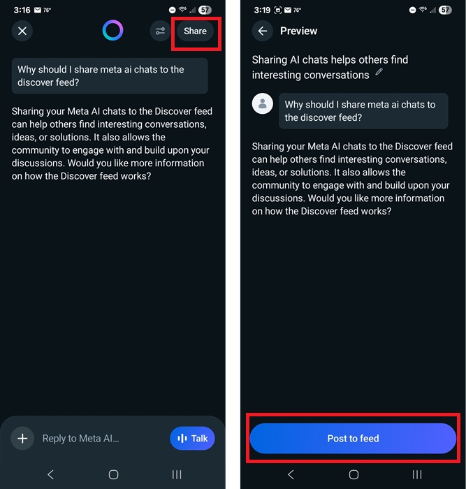 Showing the share and post options in Meta AI app.