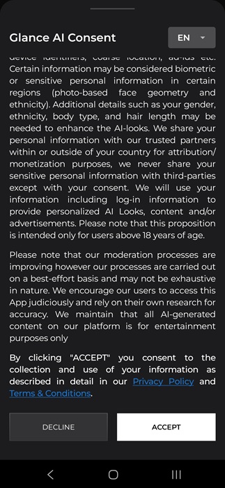 Glance AI consent form.