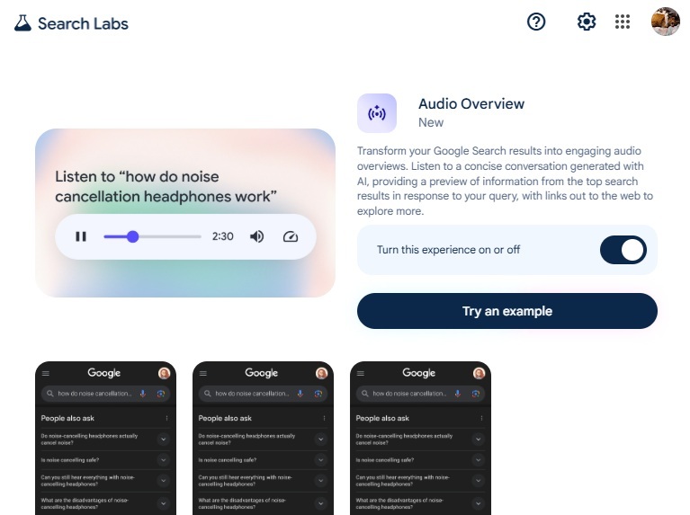 Turning on Audio Overview in Google Search Labs.