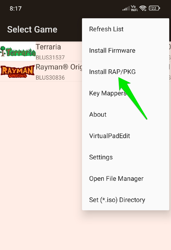 Install PKG button in aPS3e menu