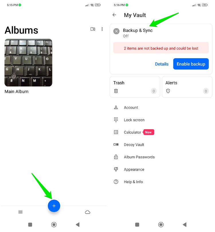 Keepsafe Photo Vault main interface and Settings