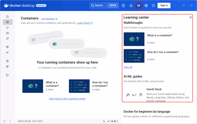 Learning Center Docker Desktop