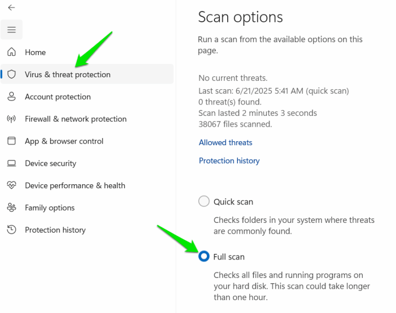 Windows Security app with scan options showing
