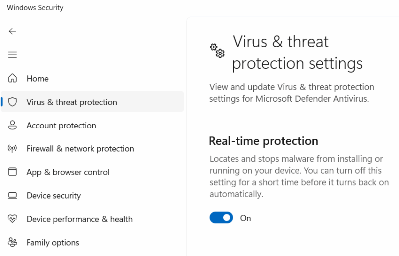 Microsoft Defender Real-time protection enabled showing