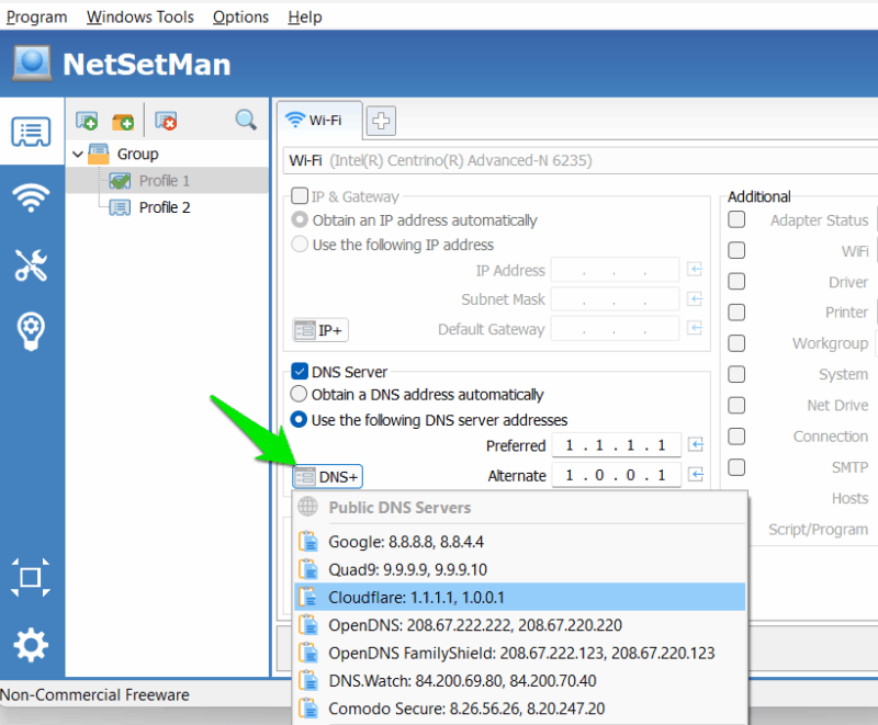 NetSetMan profiles with DNS resolvers open