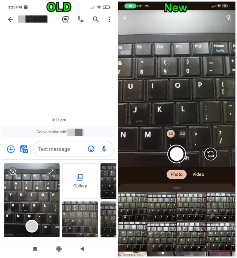 A comparison of new and old design of Google Messages gallery