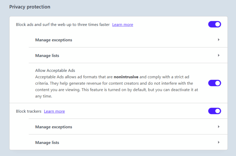 Enabled ad blocker settings of Opera browser