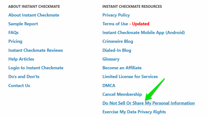 A websites footer showing options