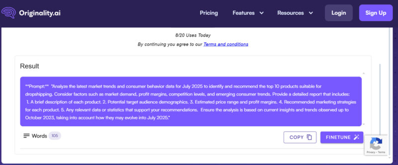Originality AI generated a prompt for dropshipping ideas