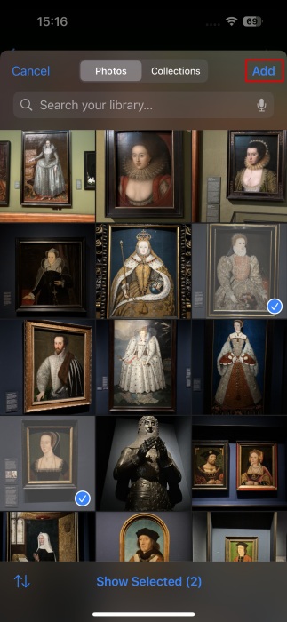Selecting images while running new shortcut in Shortcuts app on iPhone.