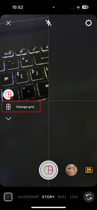 Tapping on "Change grid" option on Story creation screen on Instagram.