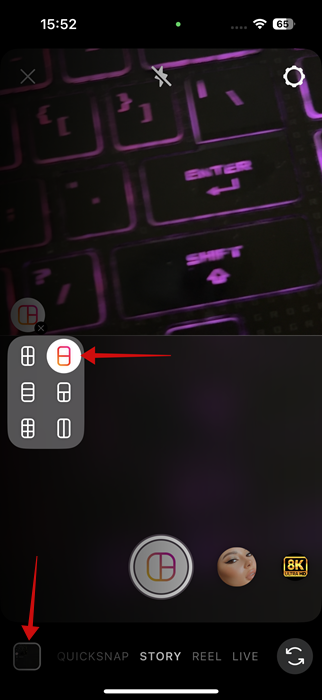 Selecting new grid in Story creation screen on Instagram and filling it from gallery.