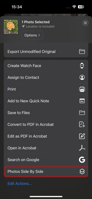 Selecting shortcut option for selected photo in Photos app on iPhone.