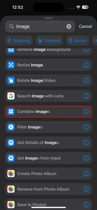 Adding option to "Combine Images" for new shortcut in Shortcuts app on iPhone.