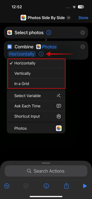 Changing parameter for action in Shortcuts app on iPhone.