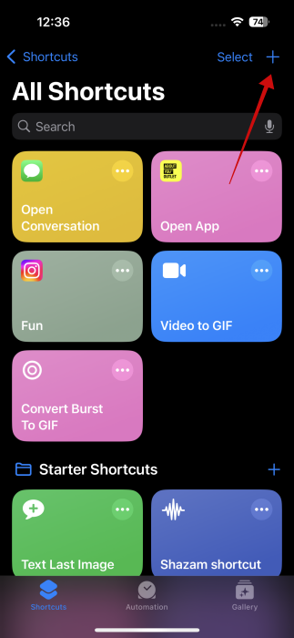 Tapping + button in Shortcuts app on iPhone.